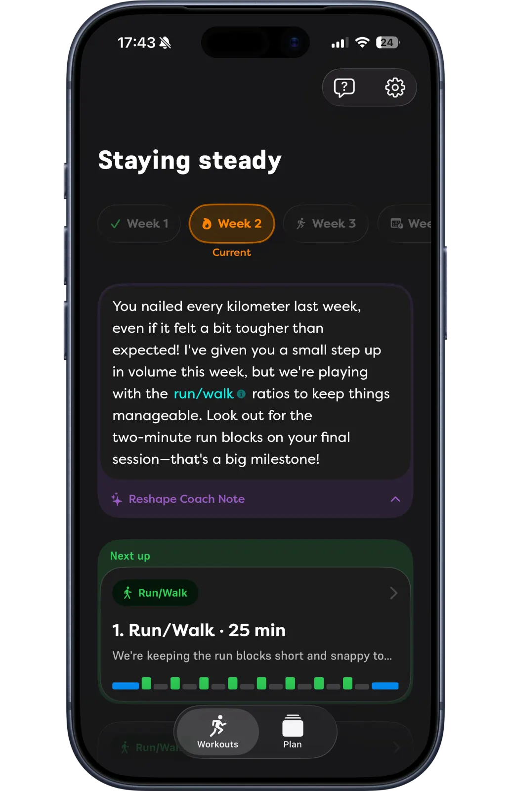 Reshape home screen showing training week built from Apple Health data