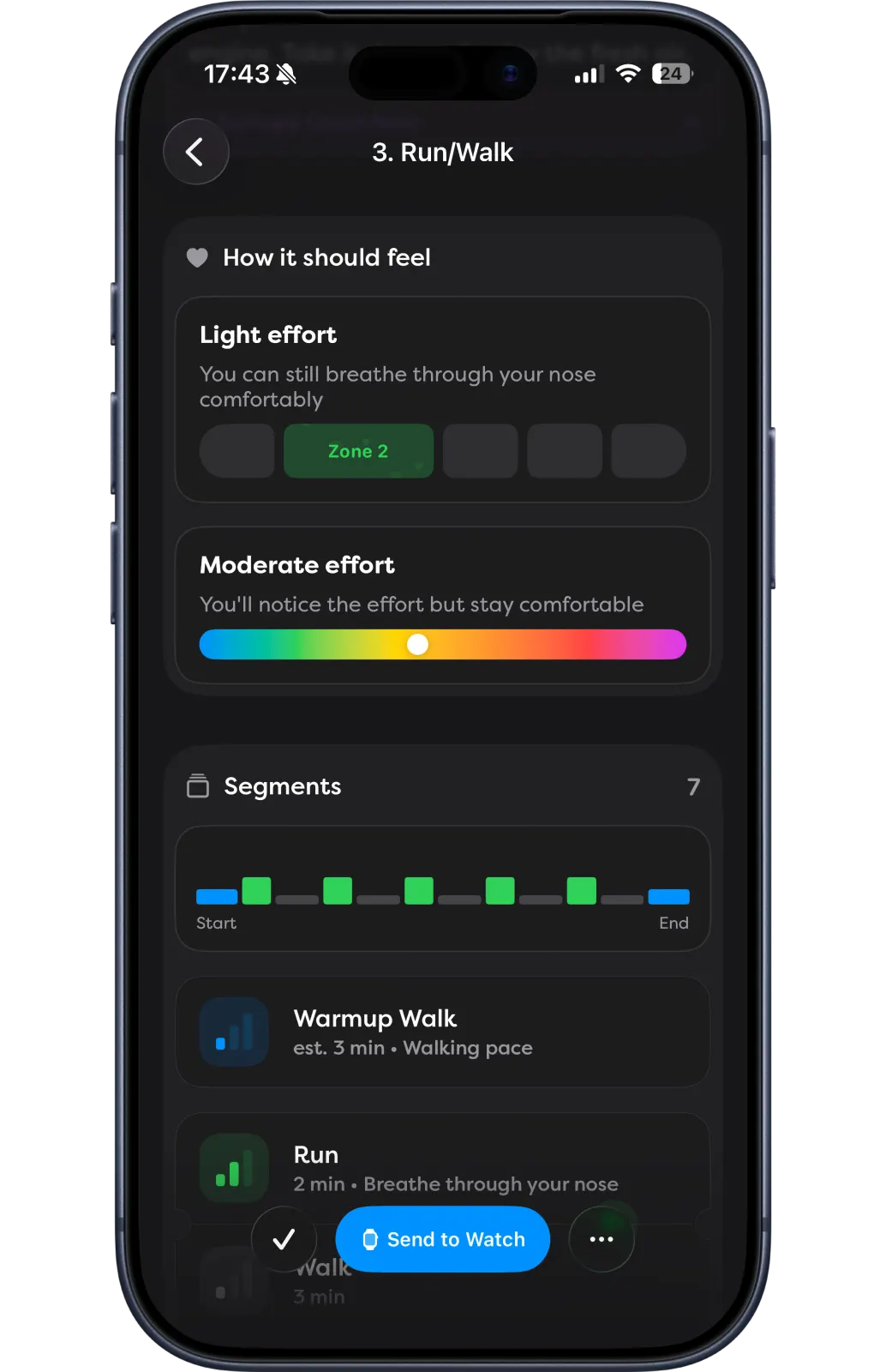 Structured workout plan with warm-up, intervals, and cool-down